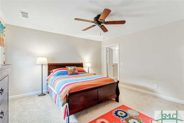 carpeted bedroom featuring ceiling fan