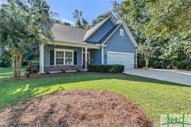 craftsman-style house with a front yard, a porch, and a garage