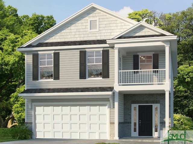 view of front of property featuring a balcony and a garage