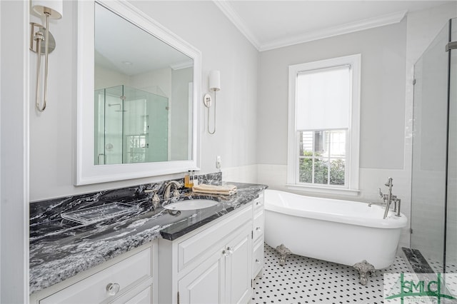 bathroom with vanity, plus walk in shower, and crown molding