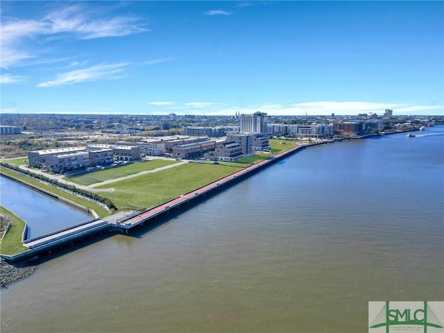 bird's eye view with a water view