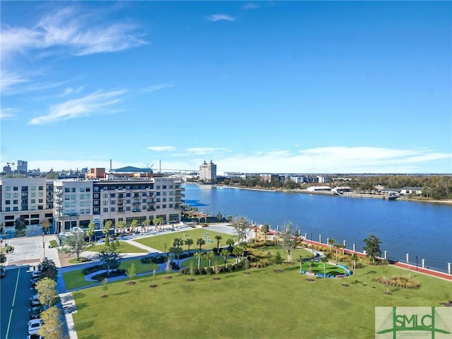 aerial view with a water view