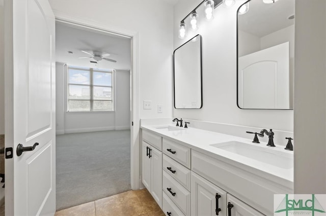 bathroom featuring vanity, ceiling fan, and tile patterned floors