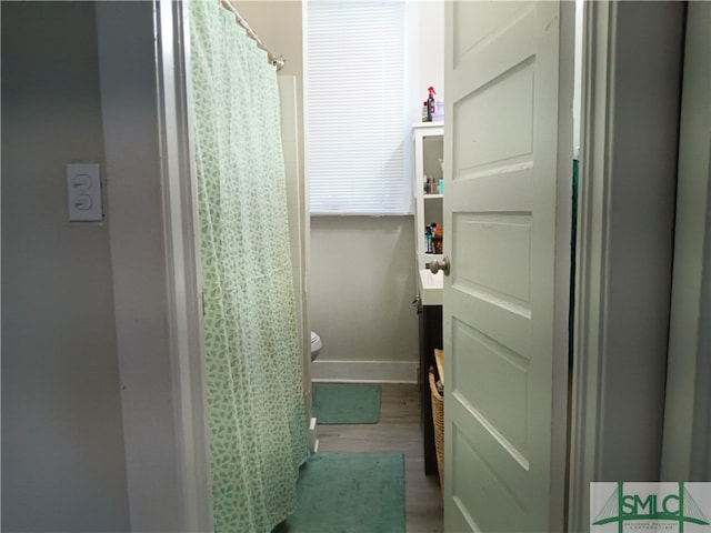 bathroom featuring hardwood / wood-style flooring, vanity, and toilet