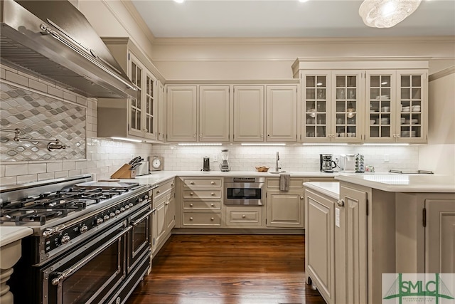 kitchen with wall chimney exhaust hood, dark hardwood / wood-style floors, decorative backsplash, and double oven range