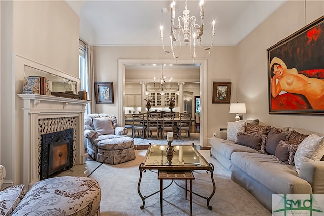 carpeted living room featuring an inviting chandelier and a fireplace