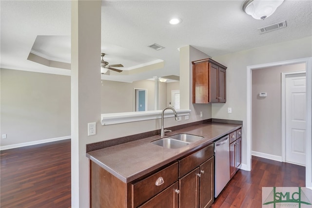 kitchen featuring dishwasher, ceiling fan, ornamental molding, dark hardwood / wood-style floors, and sink