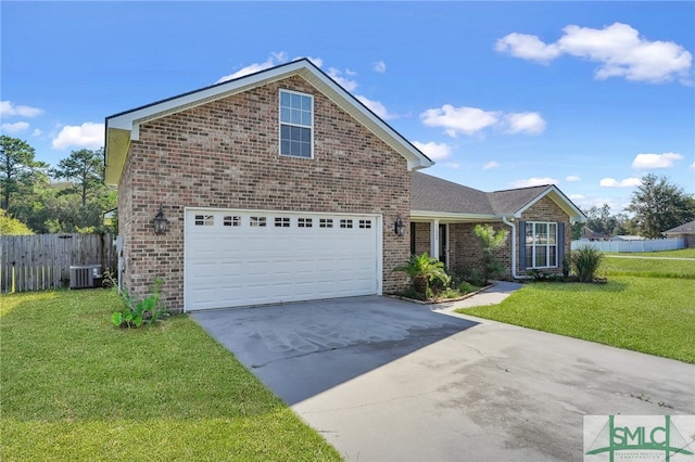 view of property with central AC, a front lawn, and a garage