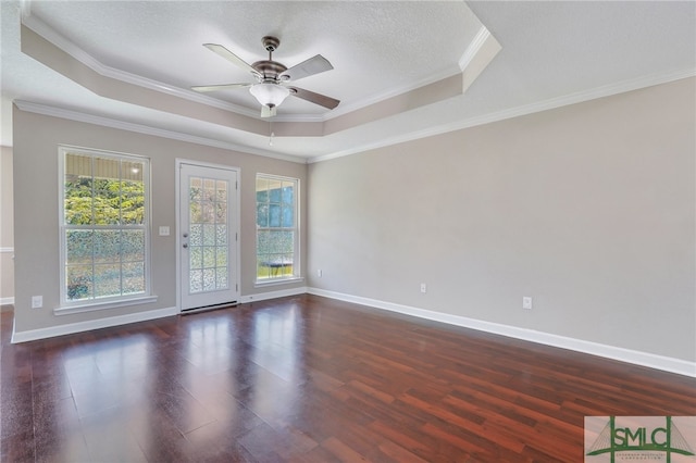 empty room with ornamental molding, a raised ceiling, and dark wood-type flooring