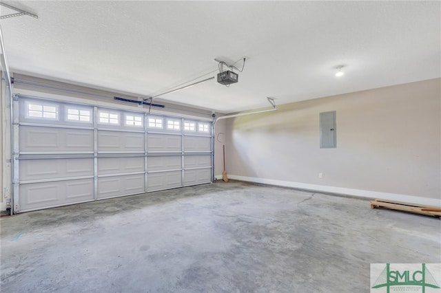 garage featuring electric panel and a garage door opener