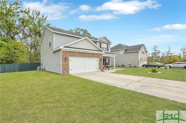 view of front of property featuring cooling unit and a front lawn