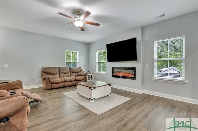 living room with hardwood / wood-style floors, ceiling fan, and plenty of natural light