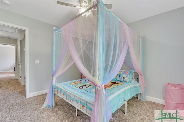 carpeted bedroom featuring ceiling fan