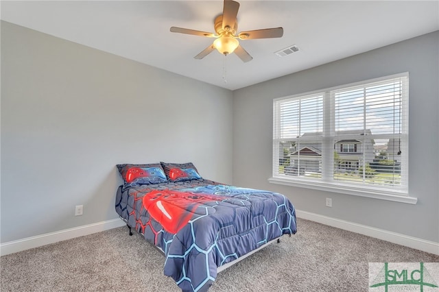 bedroom featuring carpet floors and ceiling fan