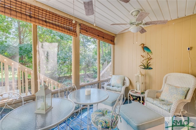 sunroom / solarium featuring wood ceiling and ceiling fan