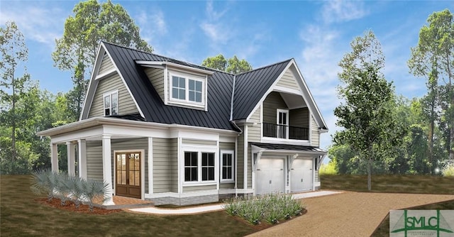 576 Silk Hope Dr, Richmond Hill, GA 31324 - view of front of home featuring a standing seam roof, an attached garage, french doors, metal roof, and a balcony