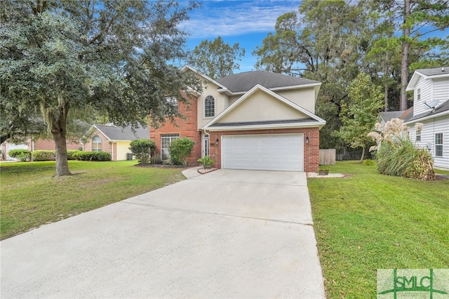 view of front of property featuring a garage and a front lawn