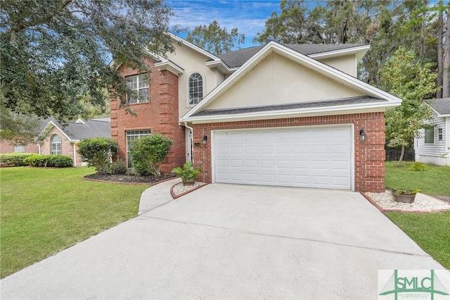 front facade with a front yard and a garage