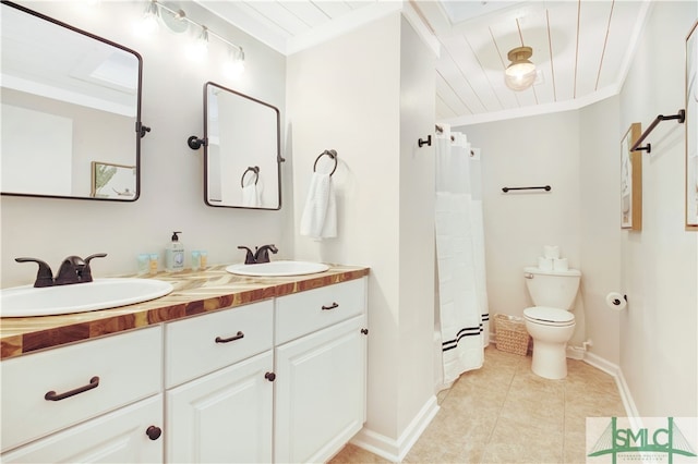 bathroom featuring vanity, wooden ceiling, tile patterned floors, crown molding, and toilet