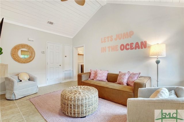 living room with tile patterned flooring, high vaulted ceiling, ceiling fan, and wood ceiling