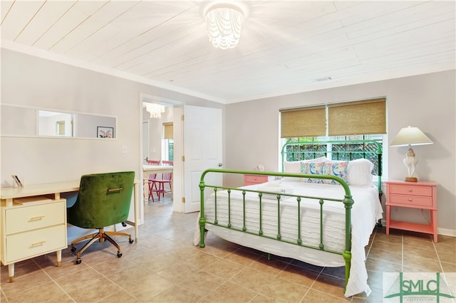 tiled bedroom with wooden ceiling