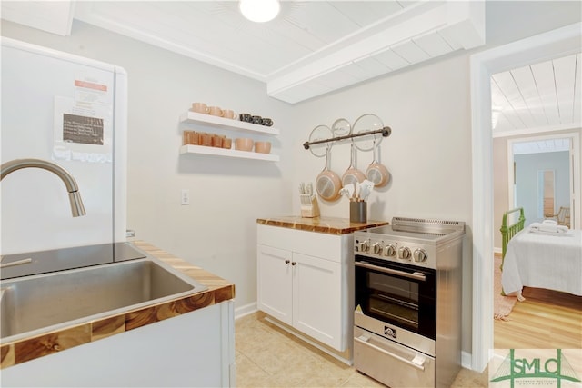 kitchen with light wood-type flooring, sink, electric range, wooden ceiling, and white cabinets