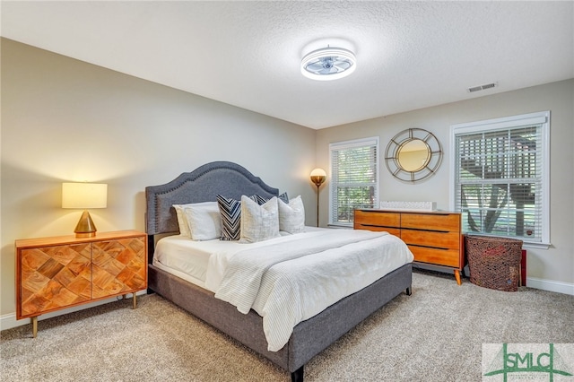 carpeted bedroom with a textured ceiling