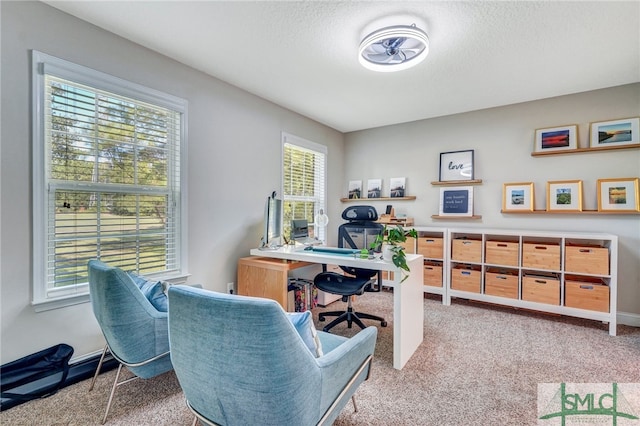 carpeted office featuring a textured ceiling and a healthy amount of sunlight