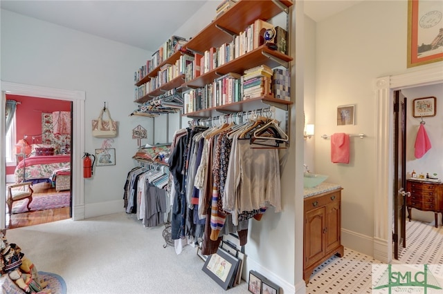 spacious closet with sink and light colored carpet