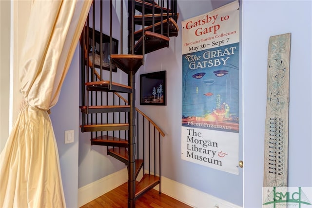 stairway featuring wood-type flooring