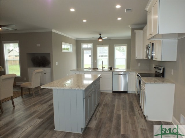 kitchen with dark hardwood / wood-style floors, appliances with stainless steel finishes, a kitchen island, and white cabinetry