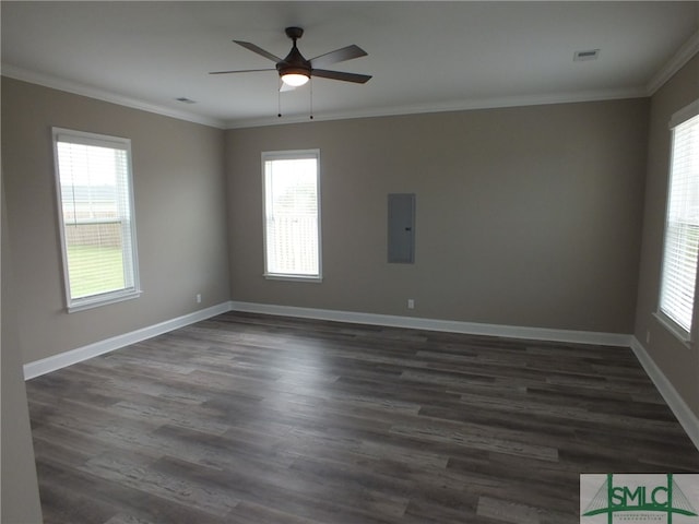 unfurnished room with ceiling fan, ornamental molding, electric panel, and dark wood-type flooring