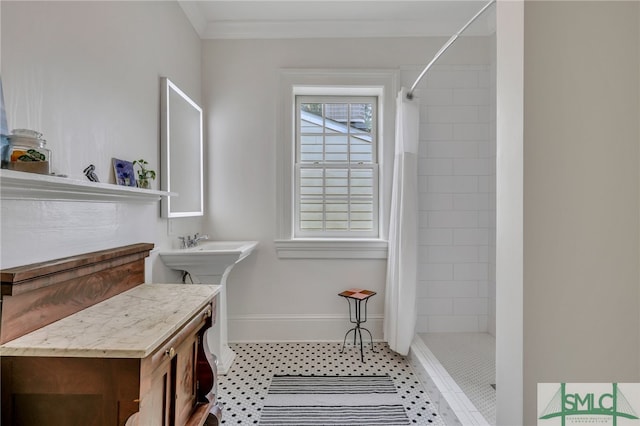 bathroom featuring ornamental molding, tile patterned floors, and a shower with shower curtain