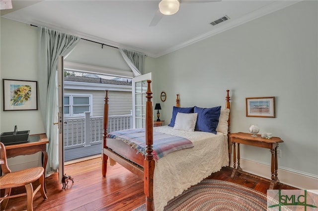 bedroom featuring access to outside, ornamental molding, hardwood / wood-style flooring, and ceiling fan