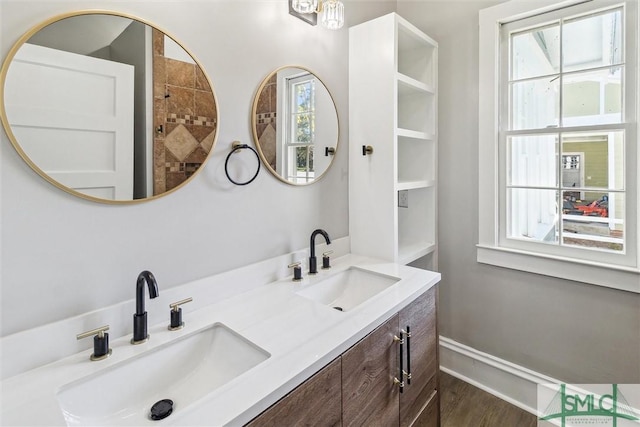 bathroom with double vanity, baseboards, a sink, and wood finished floors