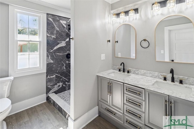 bathroom with toilet, wood finished floors, double vanity, and a sink