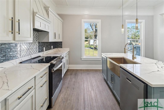 kitchen featuring dark wood-style flooring, plenty of natural light, dishwasher, a sink, and electric range oven