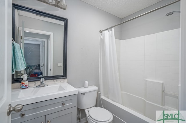 full bathroom with vanity, a textured ceiling, toilet, and shower / bathtub combination with curtain