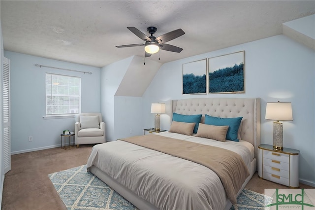 carpeted bedroom featuring baseboards and ceiling fan