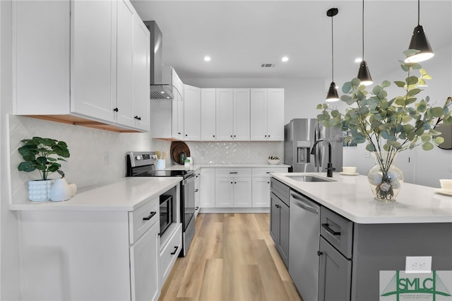 kitchen with gray cabinetry, white cabinetry, sink, stainless steel appliances, and decorative light fixtures