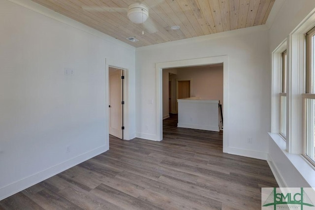 unfurnished room featuring wooden ceiling and light wood-type flooring