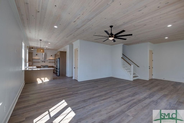 unfurnished living room with dark hardwood / wood-style floors, ceiling fan, and wooden ceiling