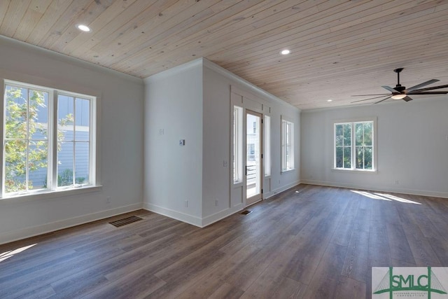 interior space featuring ceiling fan, dark hardwood / wood-style flooring, wood ceiling, and crown molding