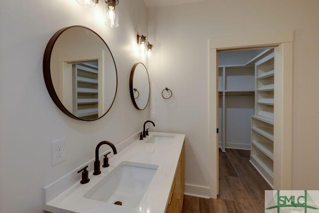 bathroom with vanity and wood-type flooring