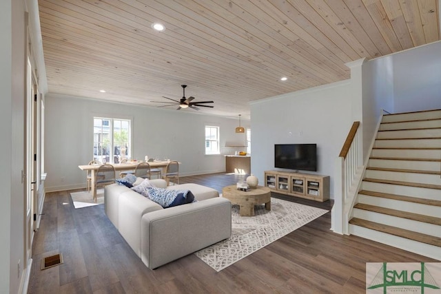 living room with dark hardwood / wood-style flooring, ceiling fan, ornamental molding, and wood ceiling