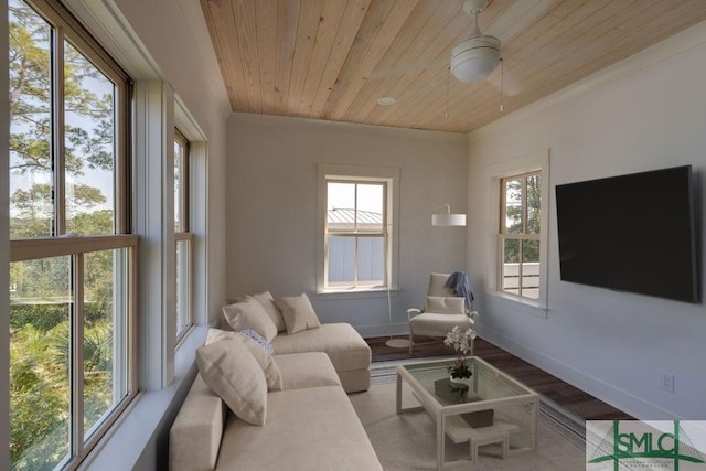 living room featuring light hardwood / wood-style flooring and wood ceiling