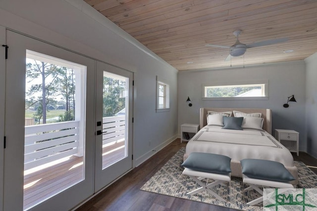 bedroom featuring ceiling fan, french doors, dark hardwood / wood-style floors, access to outside, and wood ceiling