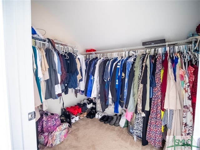 spacious closet with carpet floors and vaulted ceiling