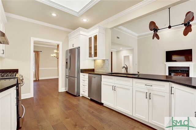 kitchen featuring white cabinets, sink, a fireplace, dark hardwood / wood-style flooring, and stainless steel appliances