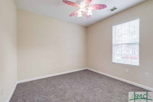 spare room featuring ceiling fan, plenty of natural light, carpet floors, and a textured ceiling